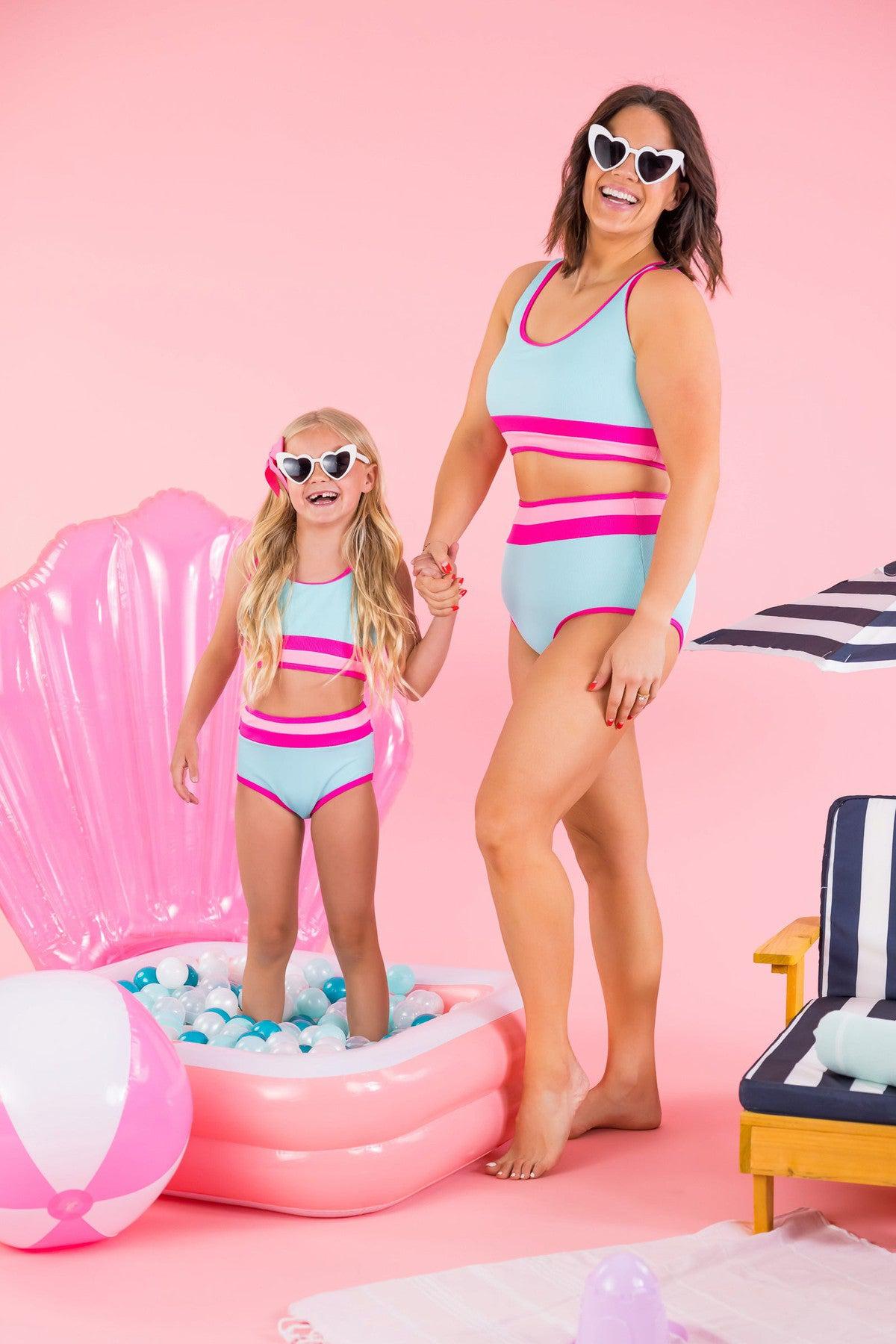 Mom & Me - Blue & Pink Stripe Bikini - Sparkle in Pink
