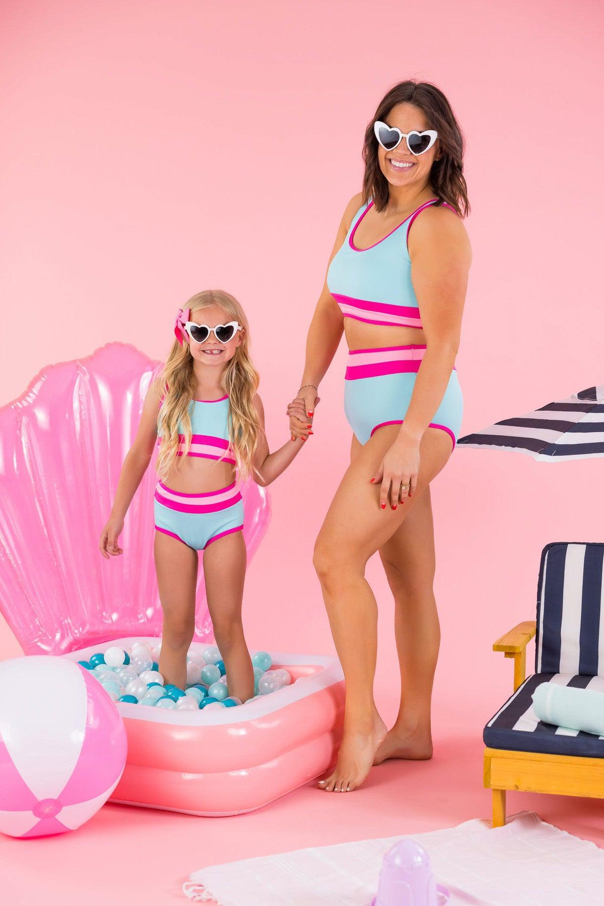 Mom & Me - Blue & Pink Stripe Bikini - Sparkle in Pink