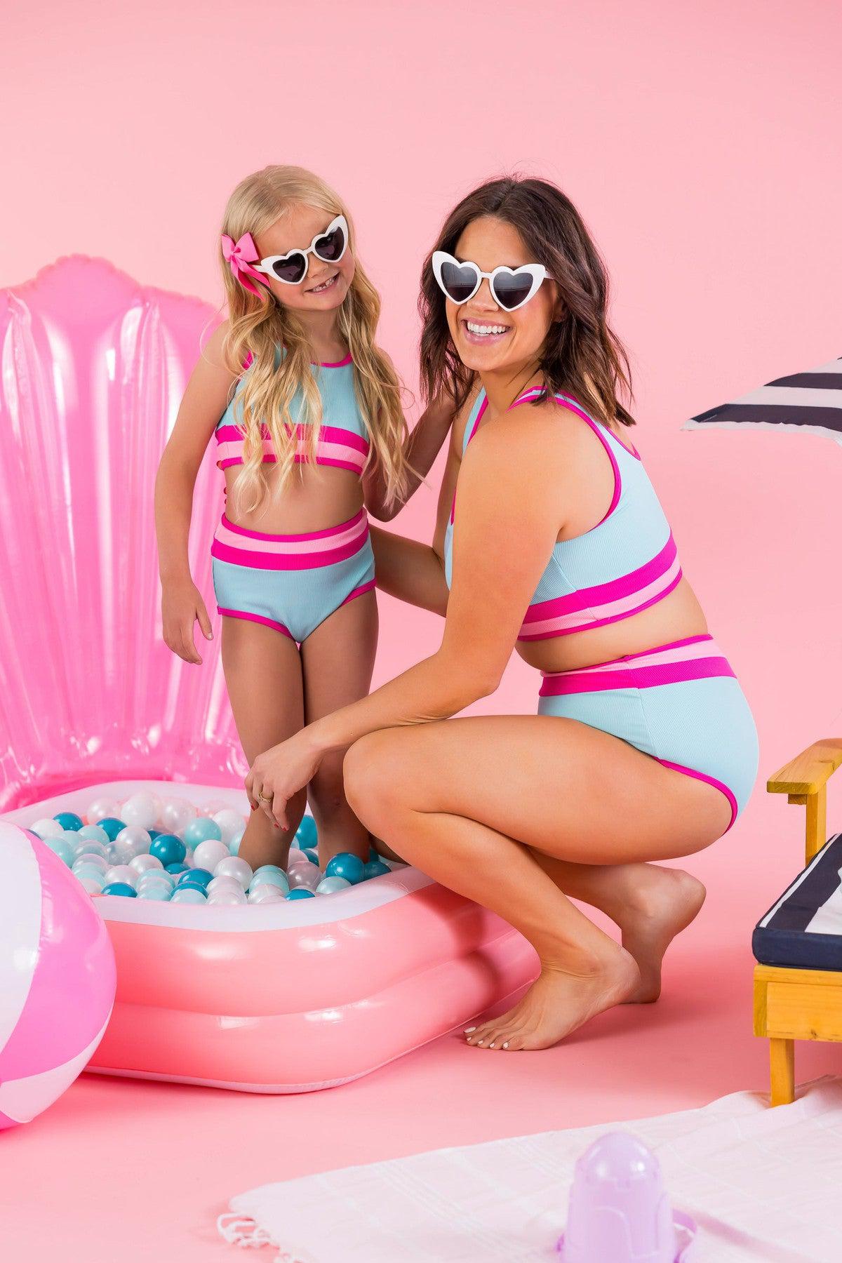 Mom & Me - Blue & Pink Stripe Bikini - Sparkle in Pink