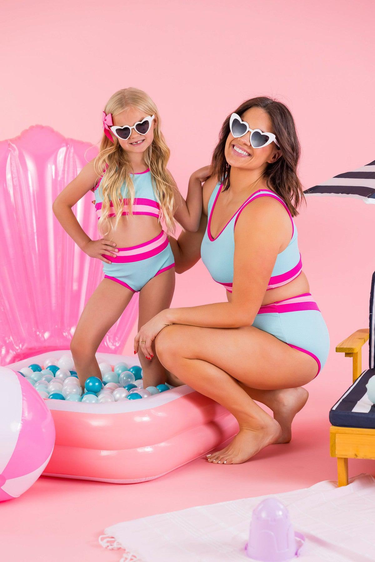Mom & Me - Blue & Pink Stripe Bikini - Sparkle in Pink