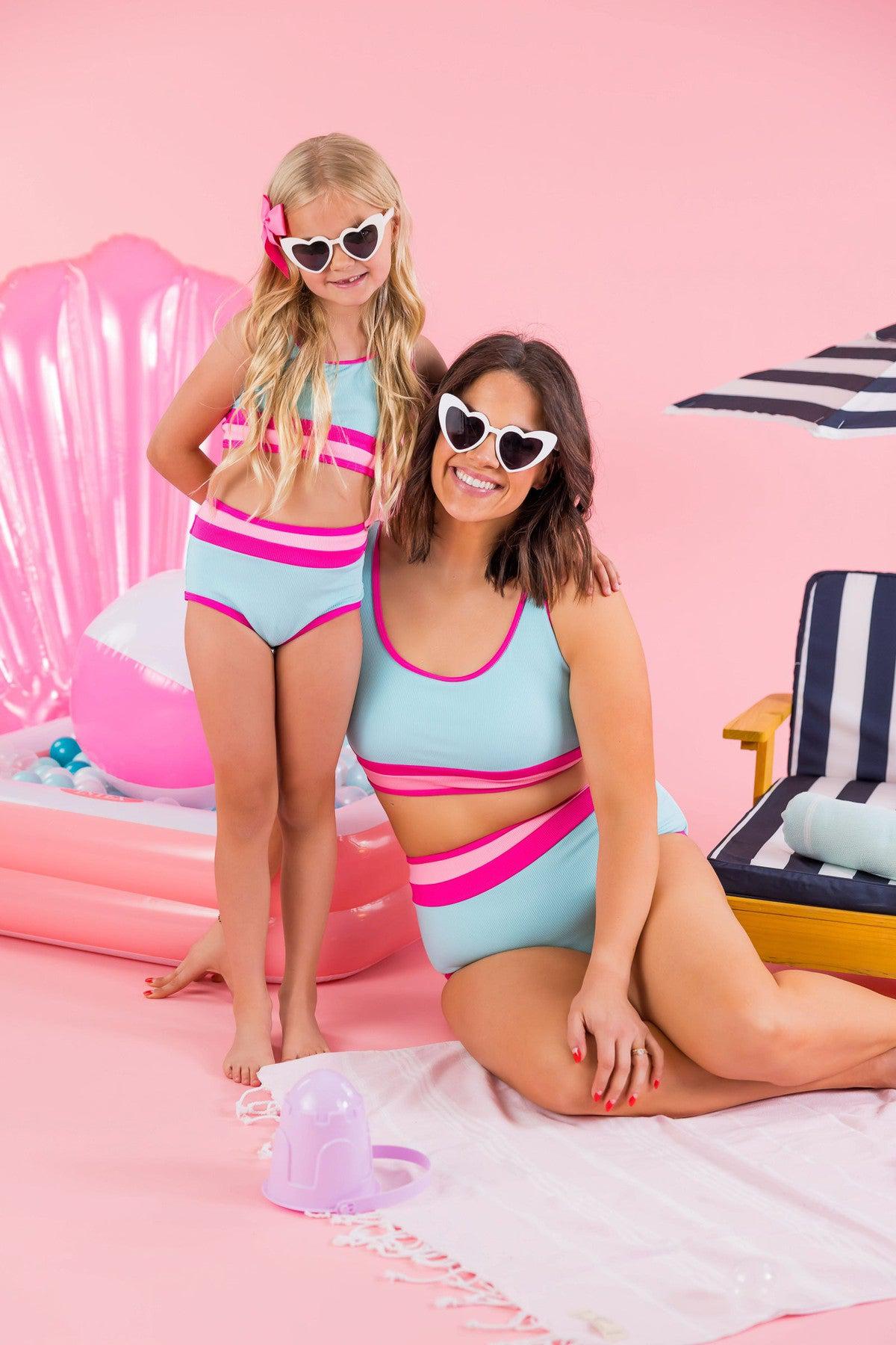 Mom & Me - Blue & Pink Stripe Bikini - Sparkle in Pink