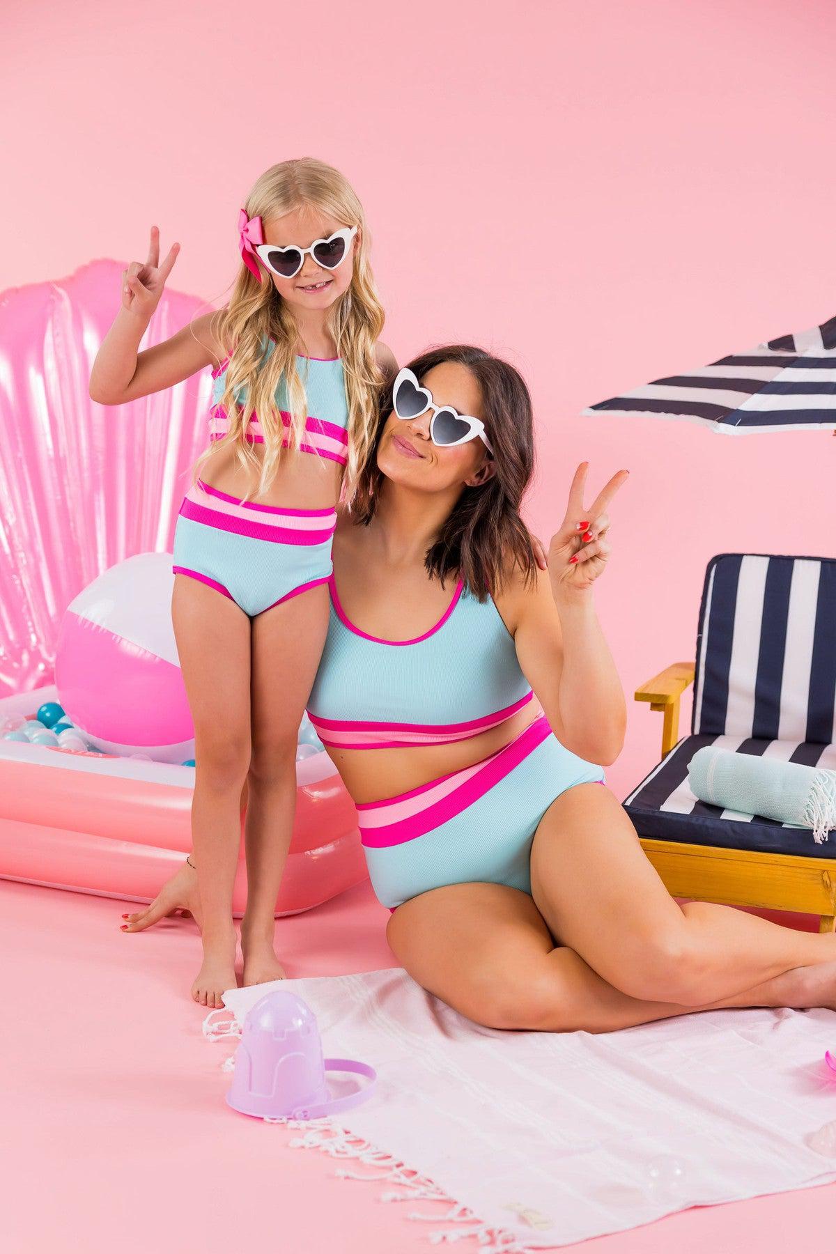 Mom & Me - Blue & Pink Stripe Bikini - Sparkle in Pink