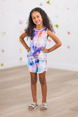 Purple Sunset Tie Dye Knotted Tank Top Short Set