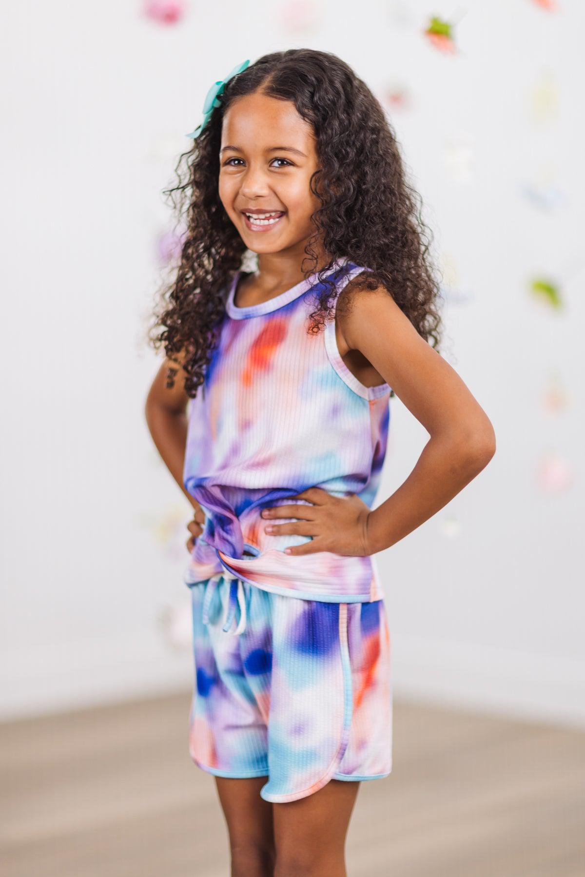 Purple Sunset Tie Dye Knotted Tank Top Short Set