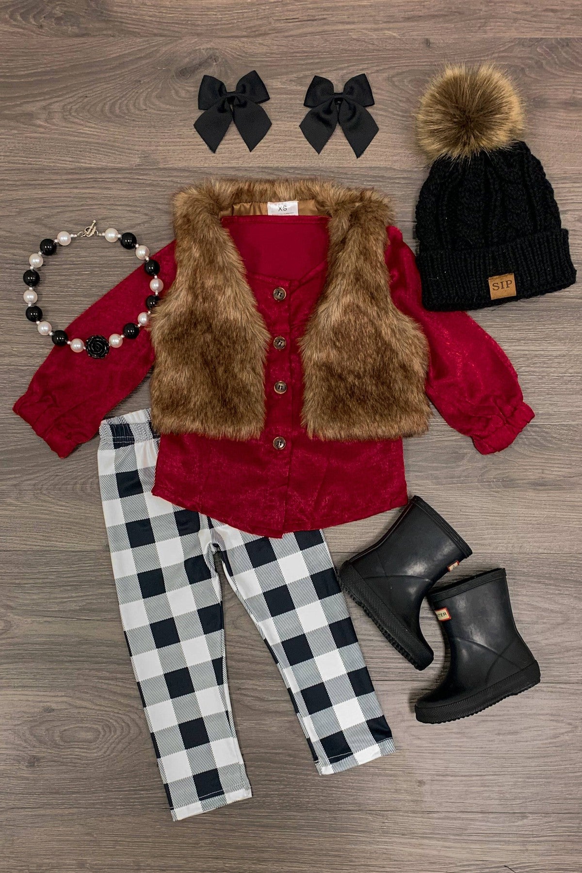 3 Piece - Olivia Fur Vest Set - Burgundy/Buffalo Plaid - Sparkle in Pink