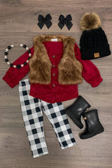 3 Piece - Olivia Fur Vest Set - Burgundy/Buffalo Plaid - Sparkle in Pink