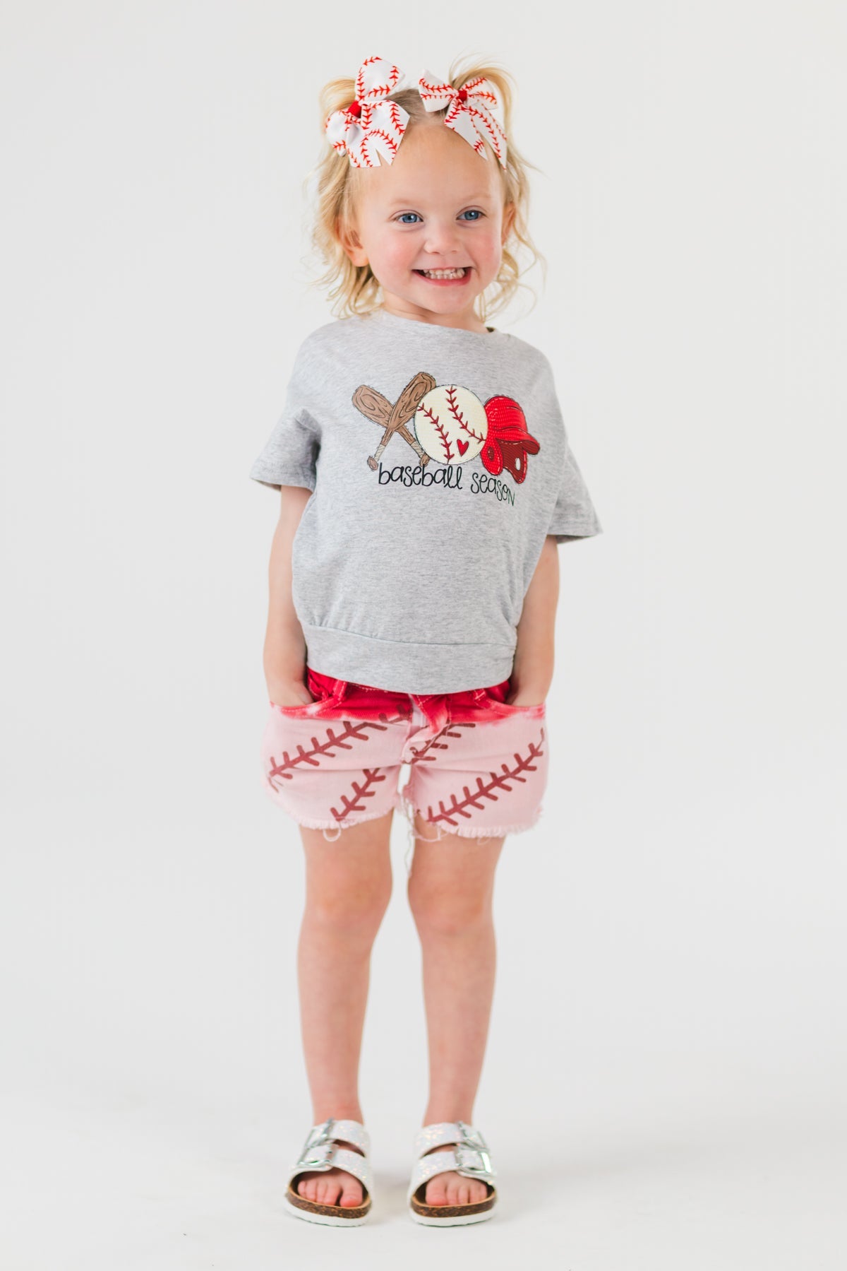 "Baseball Season" Gray & Red Ombre Denim Short Set