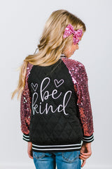"Be Kind" Black & Pink Sequin Bomber Jacket - Sparkle in Pink