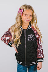 "Be Kind" Black & Pink Sequin Bomber Jacket - Sparkle in Pink