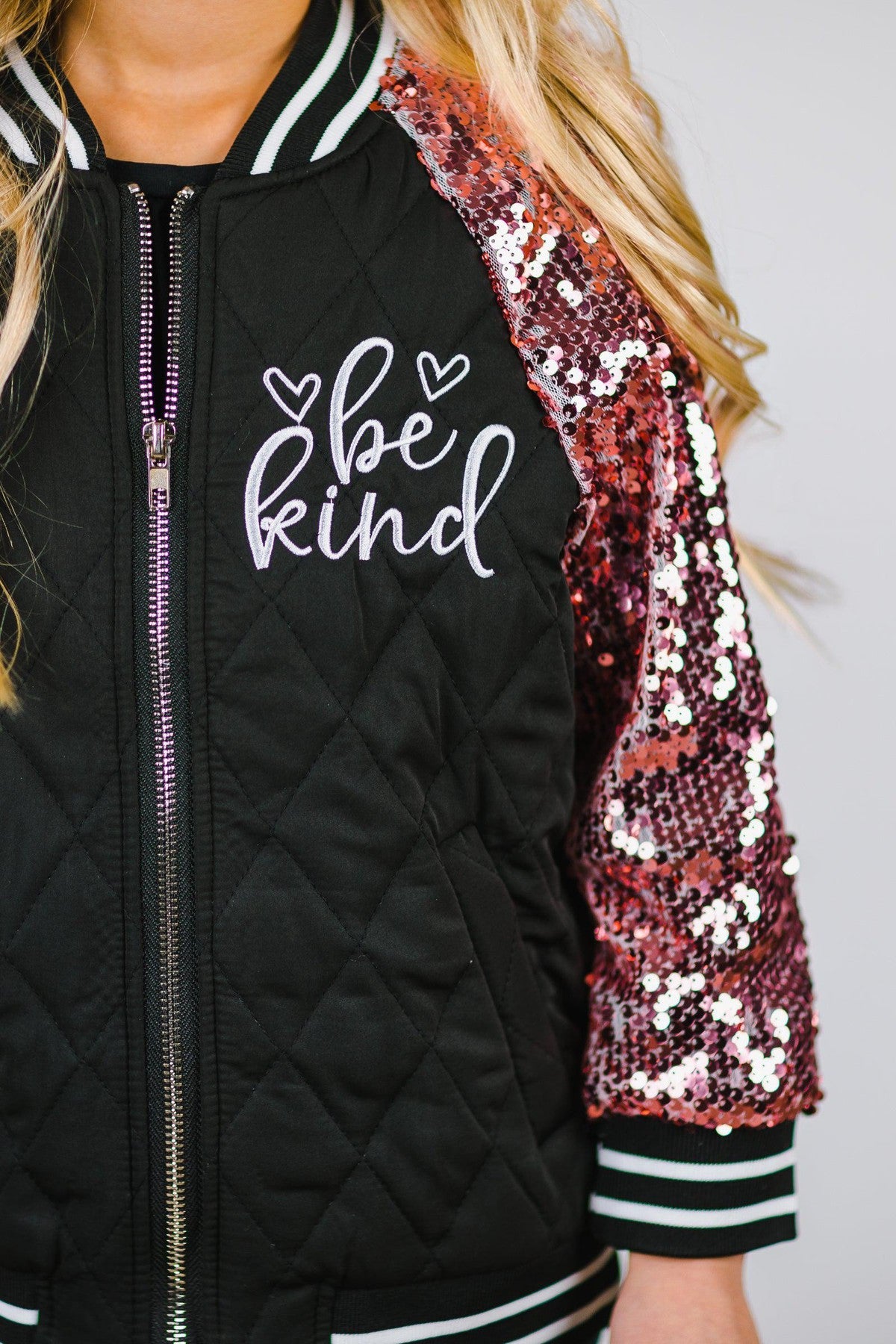 "Be Kind" Black & Pink Sequin Bomber Jacket - Sparkle in Pink