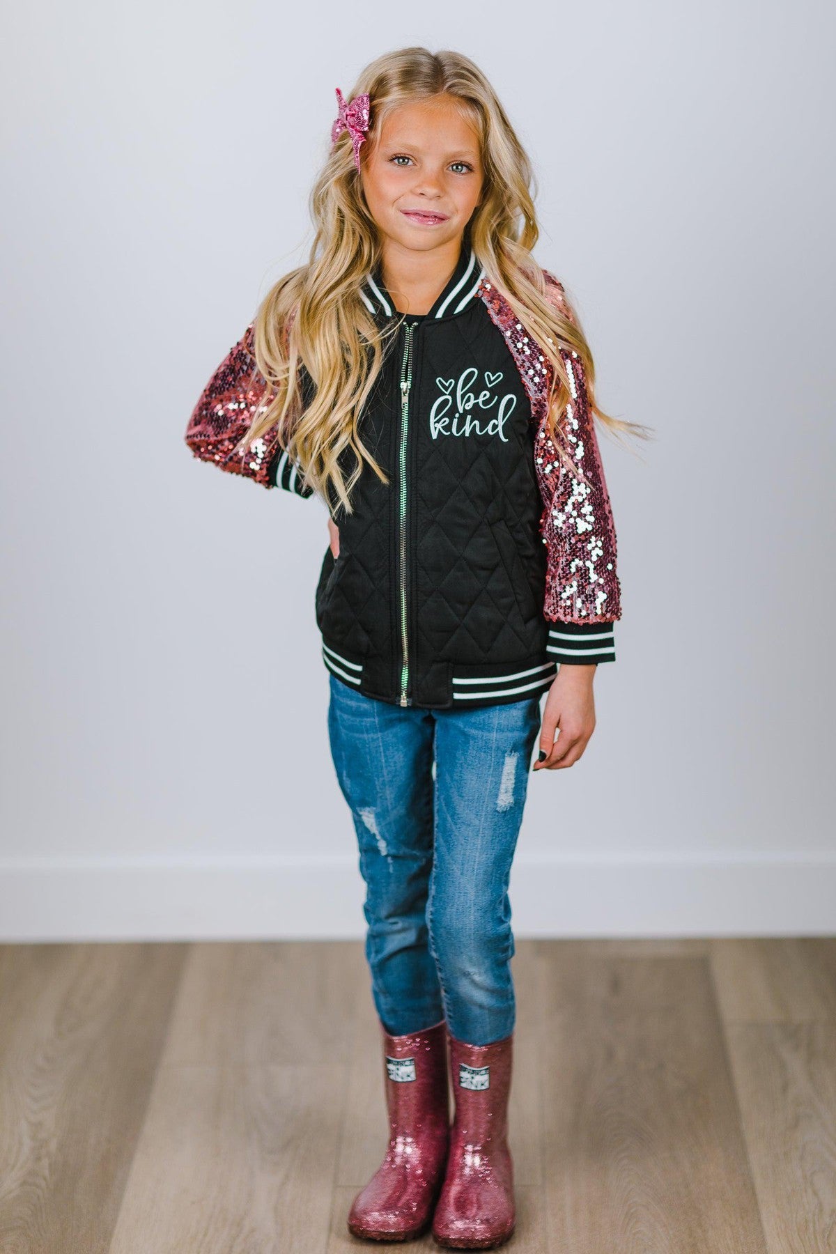 "Be Kind" Black & Pink Sequin Bomber Jacket - Sparkle in Pink