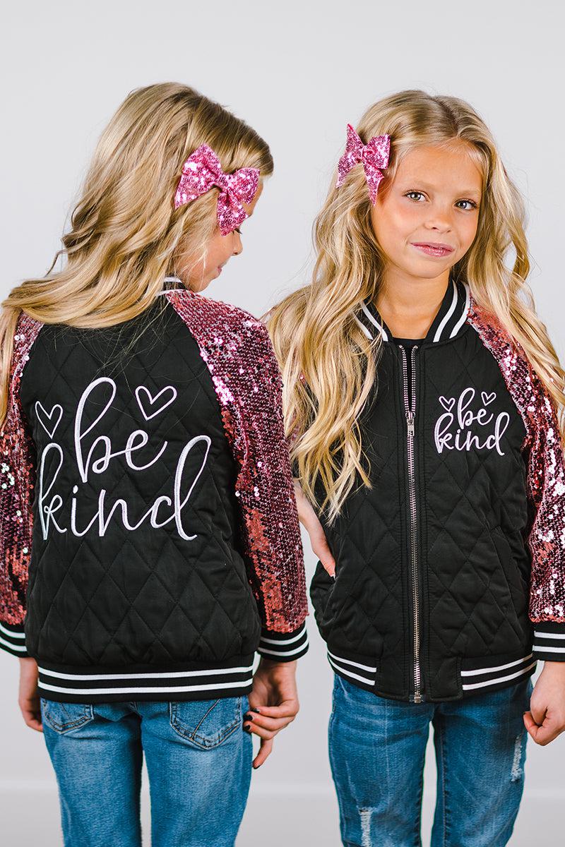 "Be Kind" Black & Pink Sequin Bomber Jacket - Sparkle in Pink