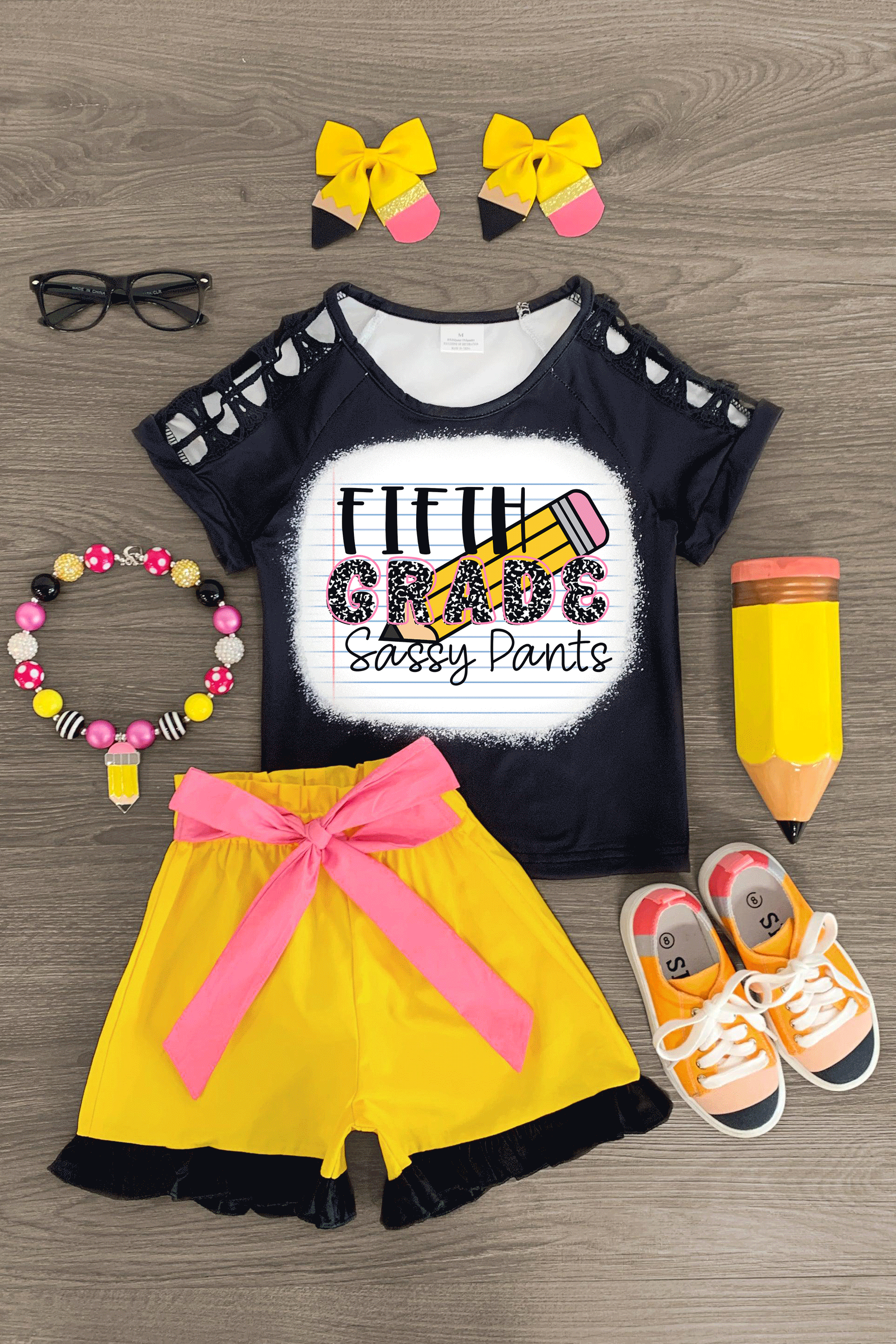 "Pre-K - Fifth Grade Sassy Pants" Pencil Short Set - Sparkle in Pink