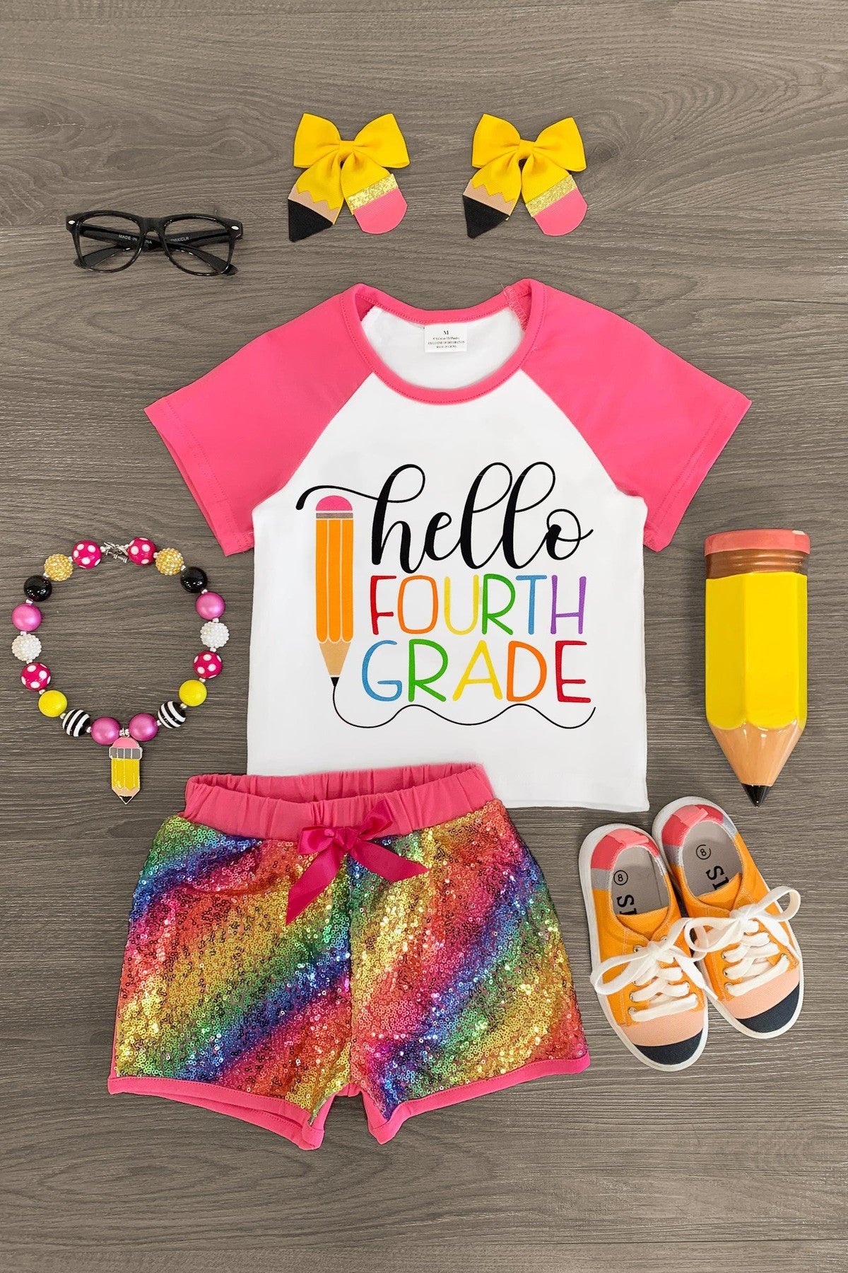 "Hello Preschool - 4th Grade" Rainbow Sequin Short Set - Sparkle in Pink