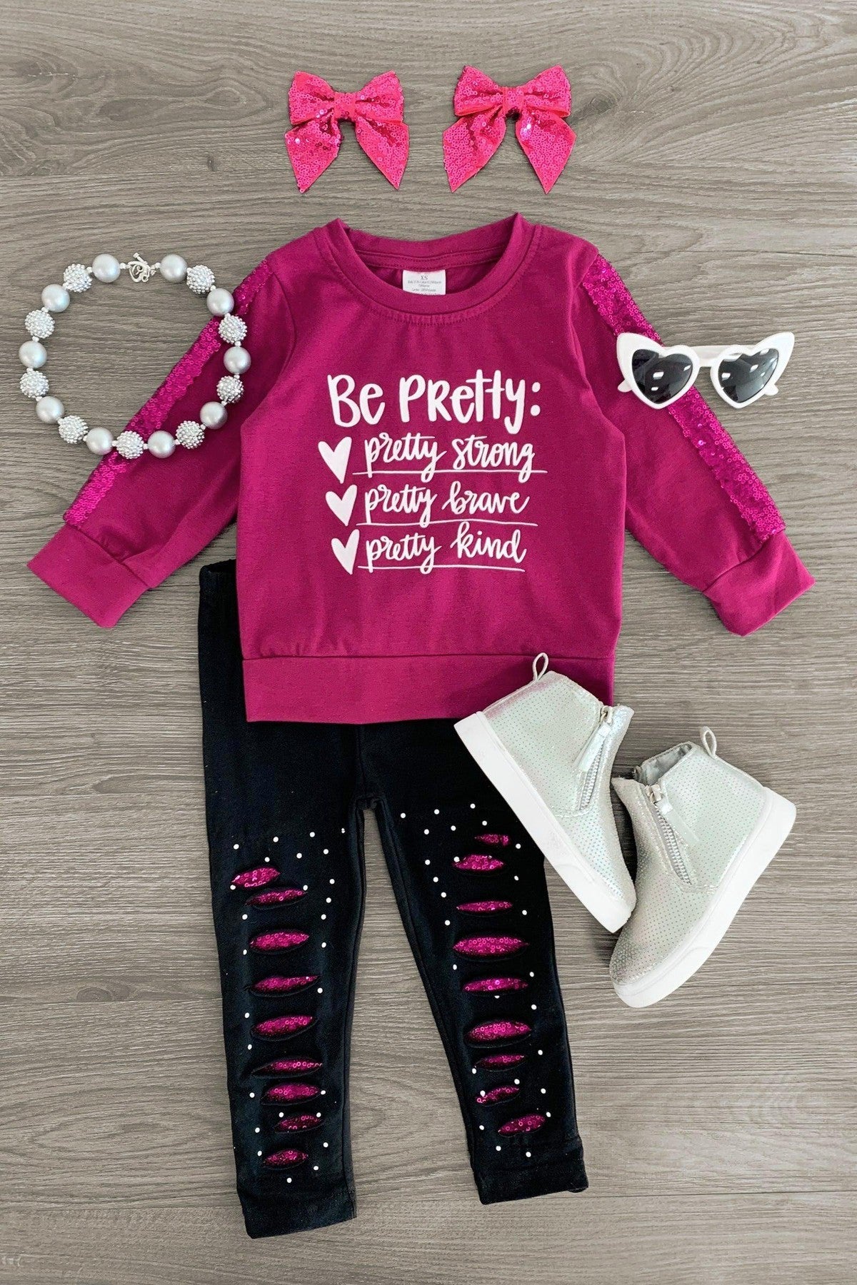 "Be Pretty..." Plum Sequin Distressed Legging Set - Sparkle in Pink