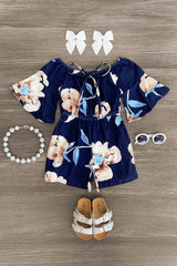 Navy Floral Bell Sleeve Romper - Sparkle in Pink
