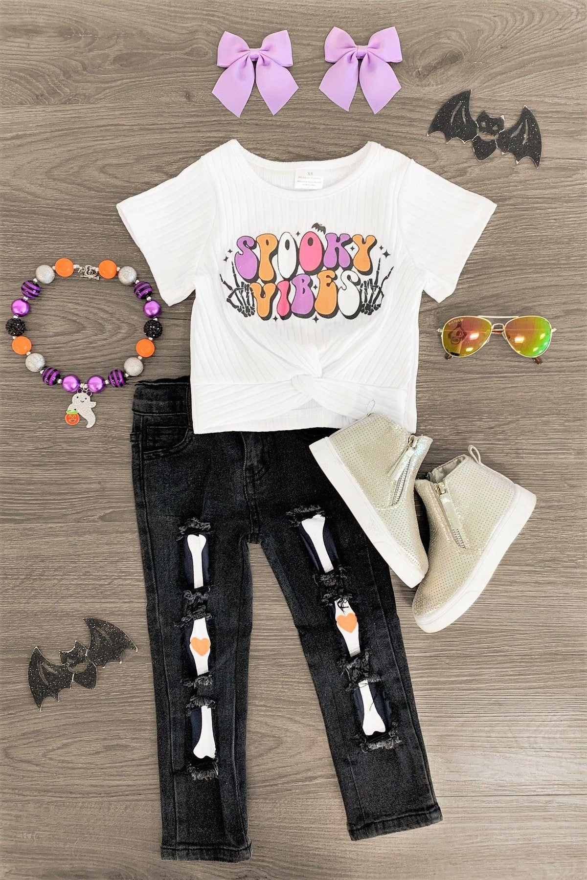 "Spooky Vibes" Skeleton Denim Pant Set - Sparkle in Pink
