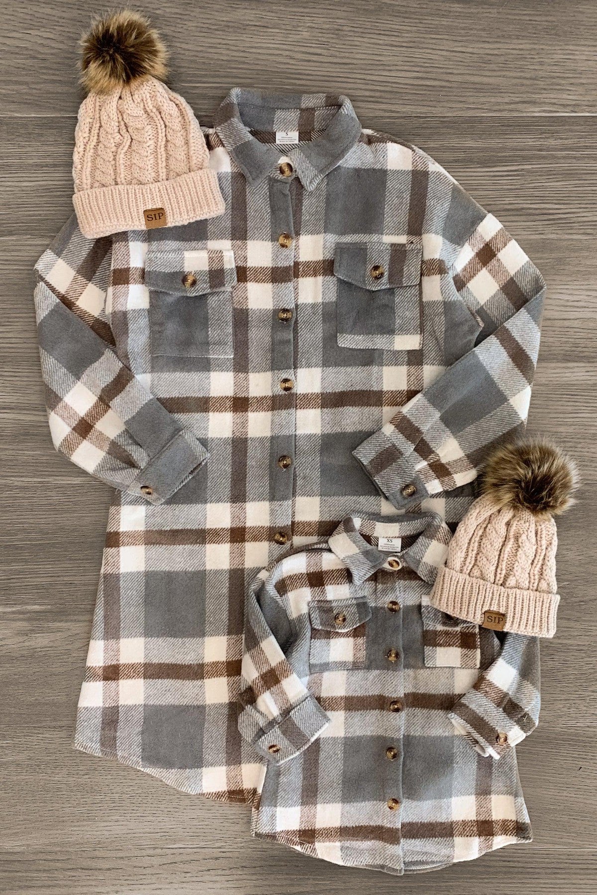 Mom & Me - Gray & Brown Flannel Shacket - Sparkle in Pink