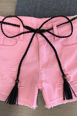 "ABCD" Pink Denim Short Set