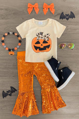 Orange Sequin Jack-O'-Lantern Bell Bottom Set - Sparkle in Pink