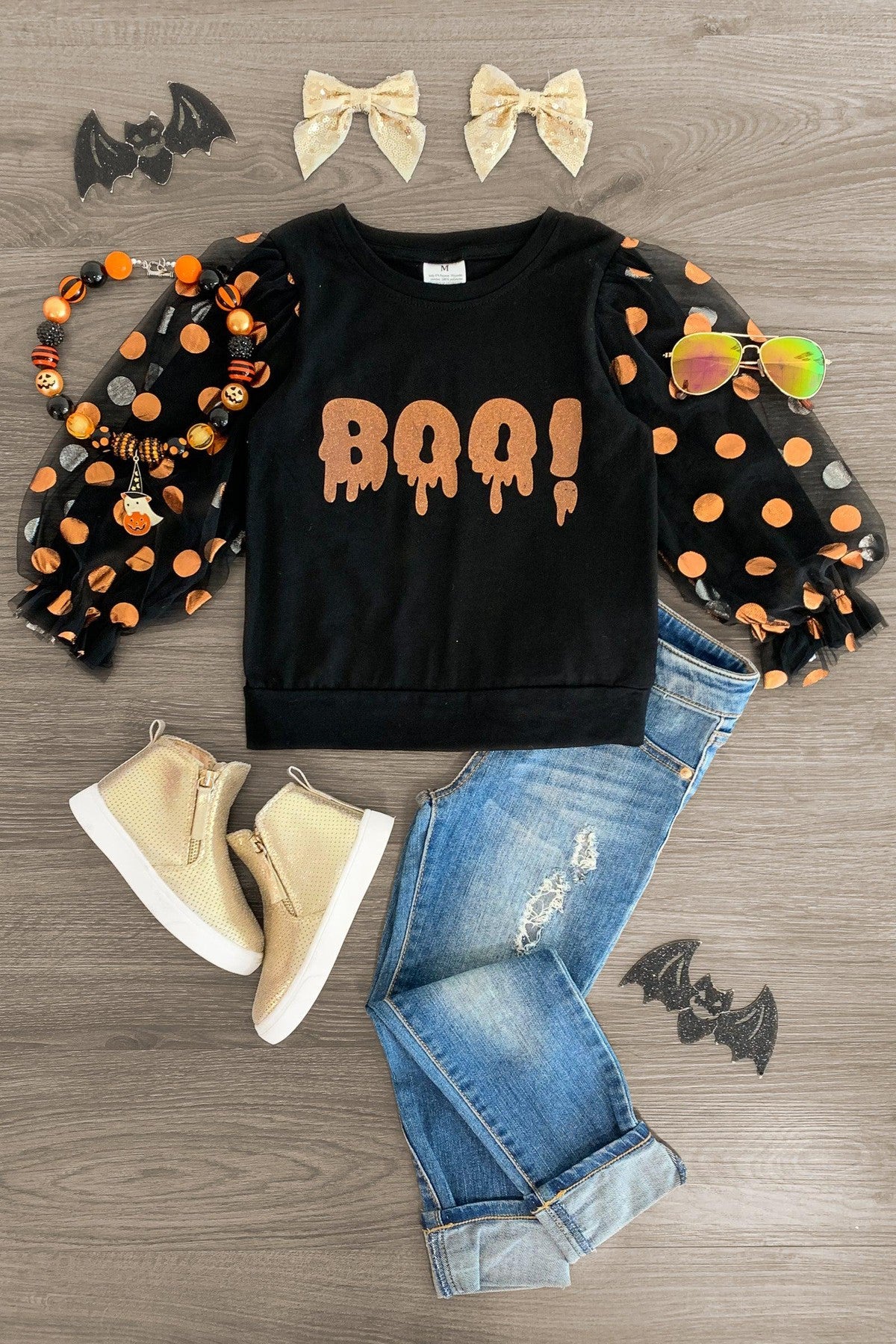 "Boo!" Black Glitter Polka Dot Puff Sleeve Top - Sparkle in Pink