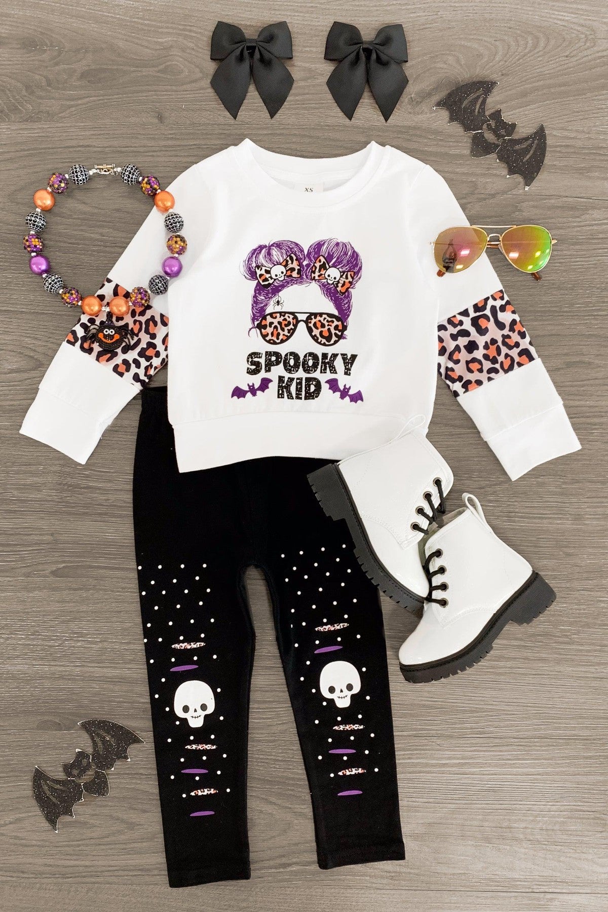 "Spooky Kid" White Cheetah Legging Set - Sparkle in Pink