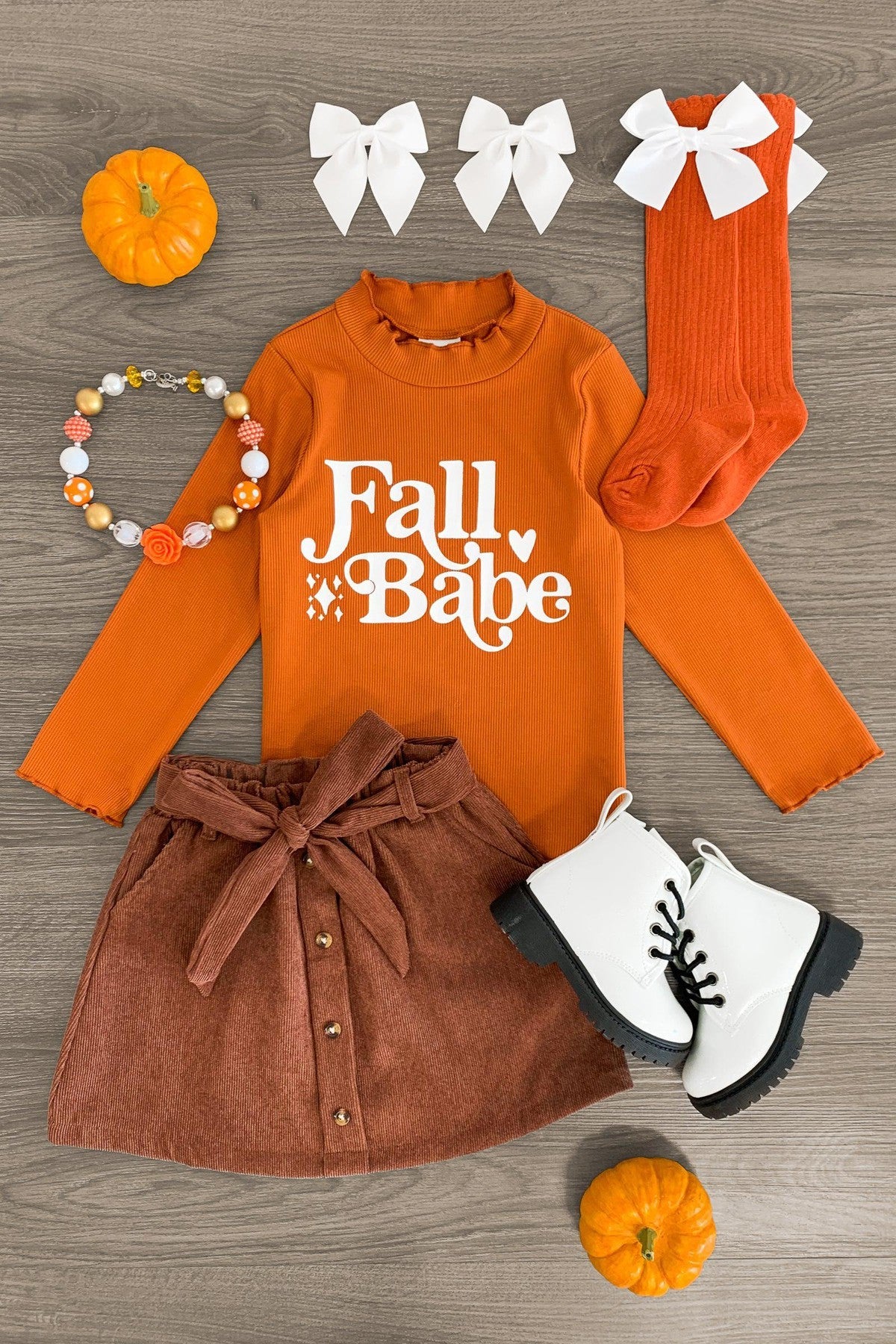 "Fall Babe" Orange & Brown Corduroy Skirt Set - Sparkle in Pink