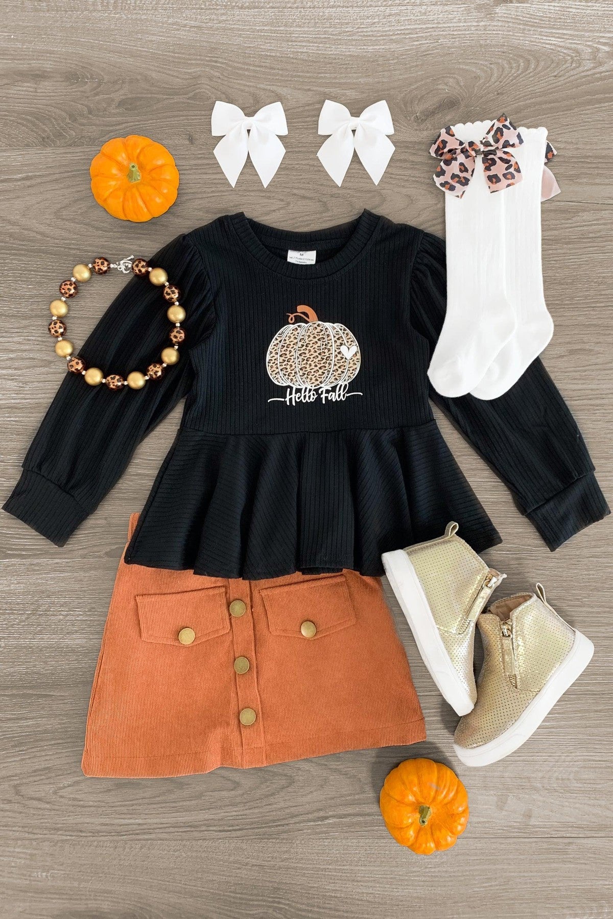 "Hello Fall" Black & Rust Corduroy Skirt Set - Sparkle in Pink