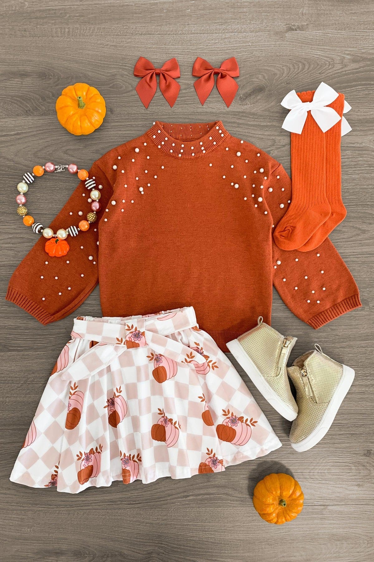 Burnt Orange Checkered Pumpkin Skirt Set - Sparkle in Pink