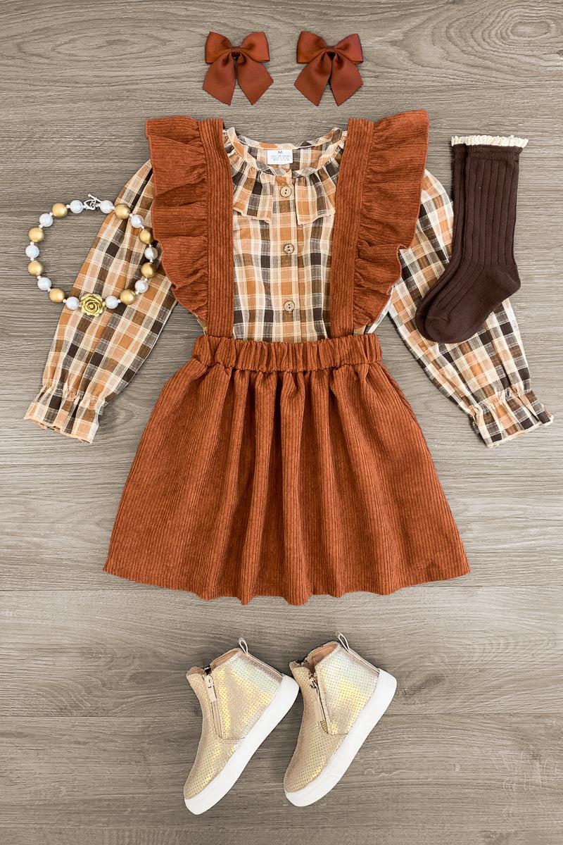 Brown Plaid Corduroy Suspender Skirt Set - Sparkle in Pink