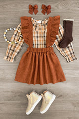 Brown Plaid Corduroy Suspender Skirt Set - Sparkle in Pink