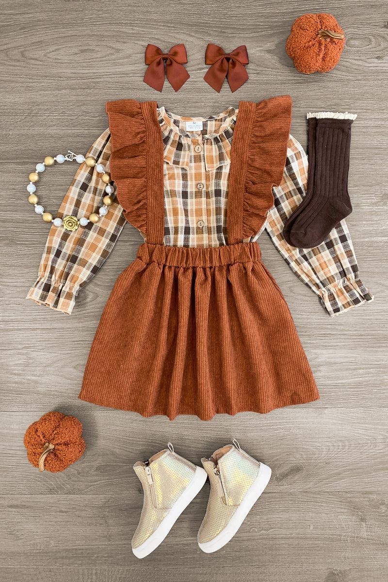 Brown Plaid Corduroy Suspender Skirt Set - Sparkle in Pink