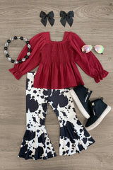 Burgundy Cow Print Bell Bottom Set - Sparkle in Pink