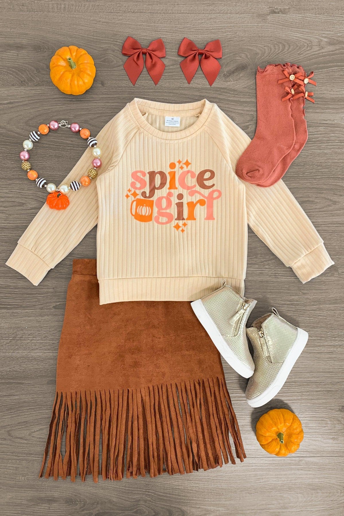 "Spice Girl" Brown Suede Fringe Skirt Set - Sparkle in Pink