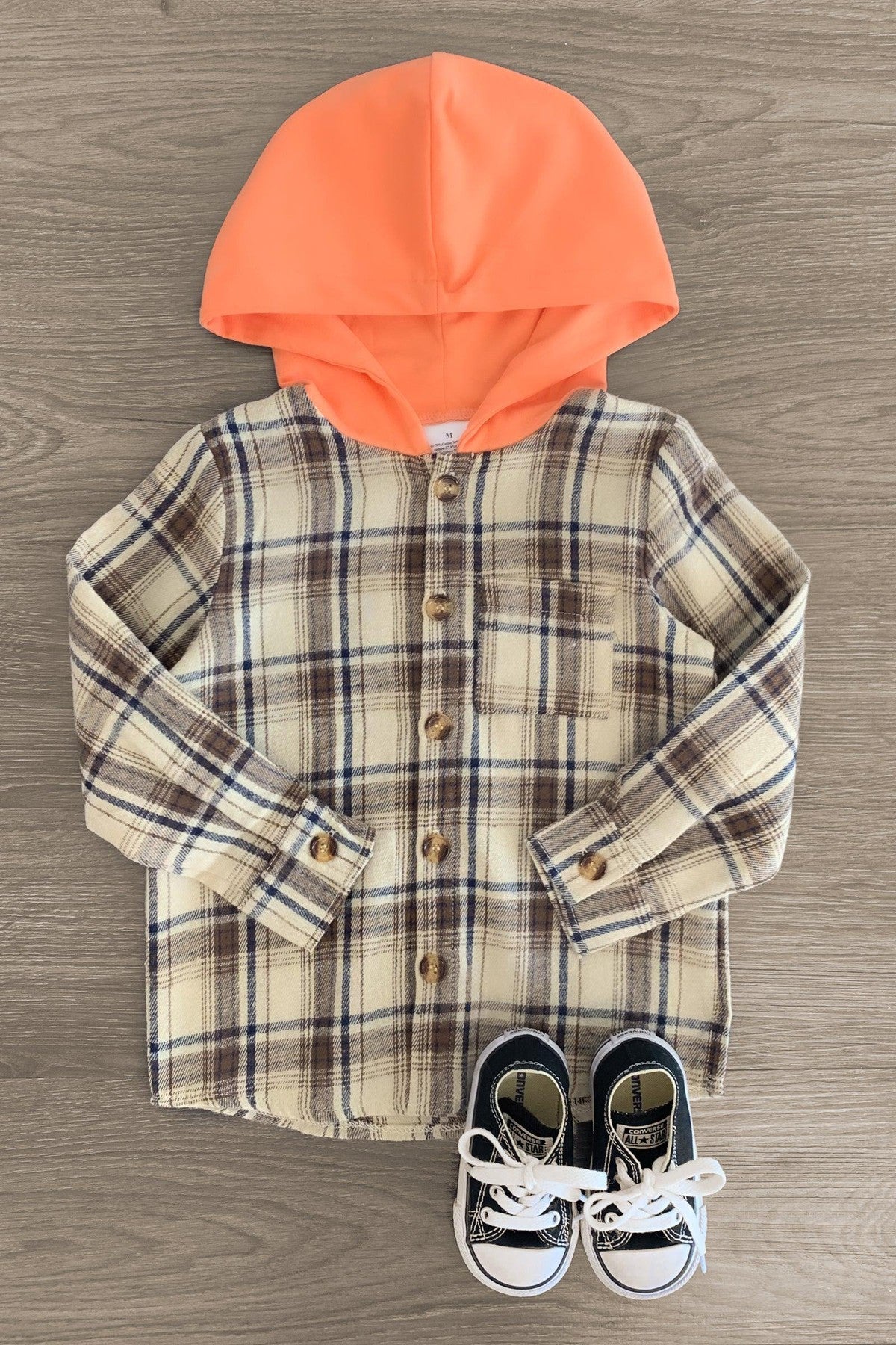 Tan Button Up Flannel Hoodie - Sparkle in Pink