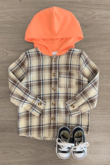 Tan Button Up Flannel Hoodie - Sparkle in Pink
