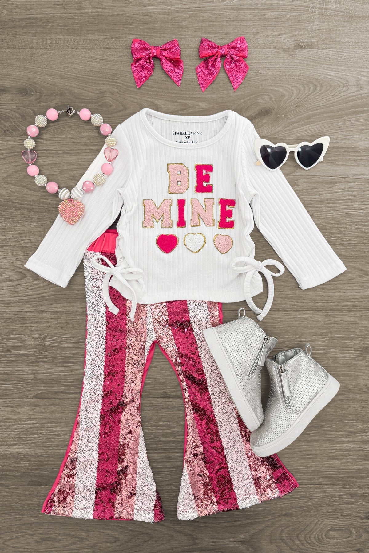 "Be Mine" Pink Sequin Bell Bottom Set