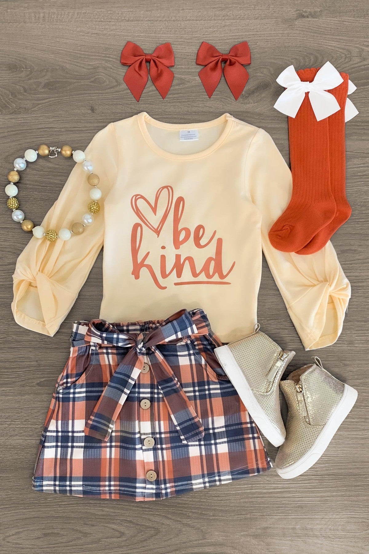 "Be Kind" Orange Plaid Skirt Set - Sparkle in Pink