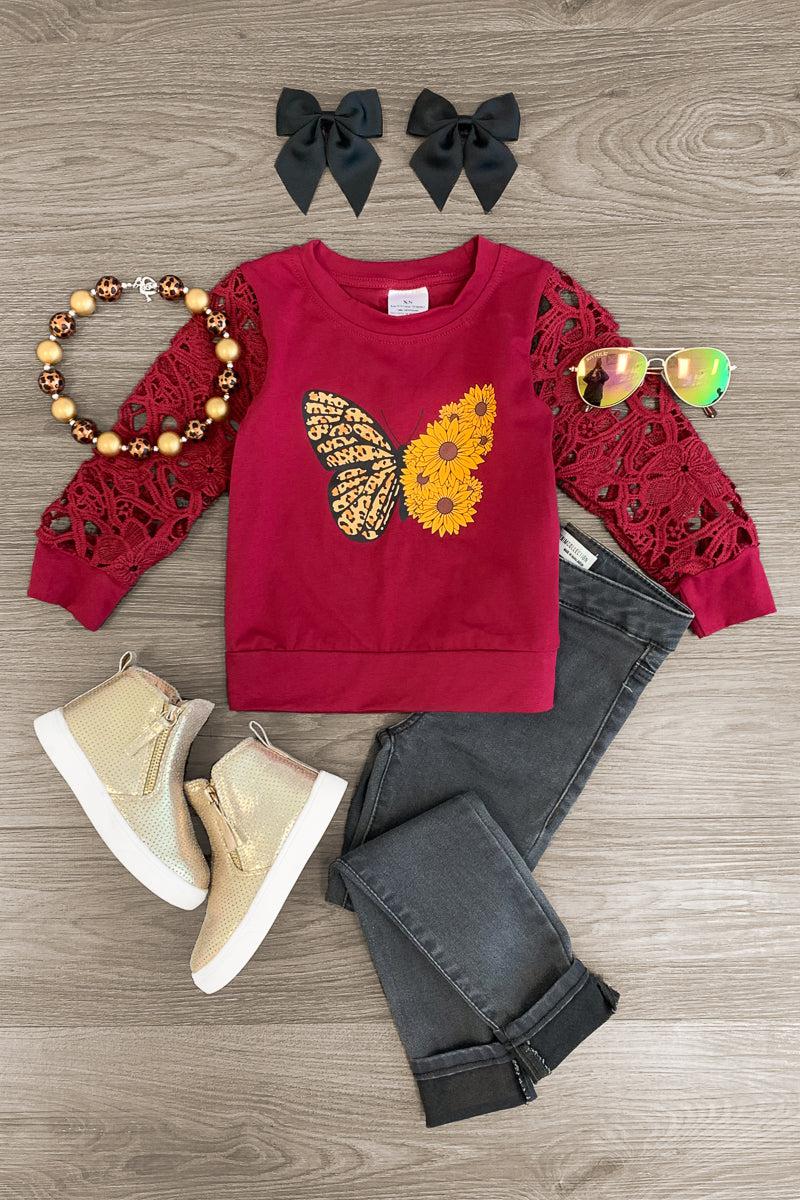 Sunflower Butterfly Lace Sleeve Top - Sparkle in Pink