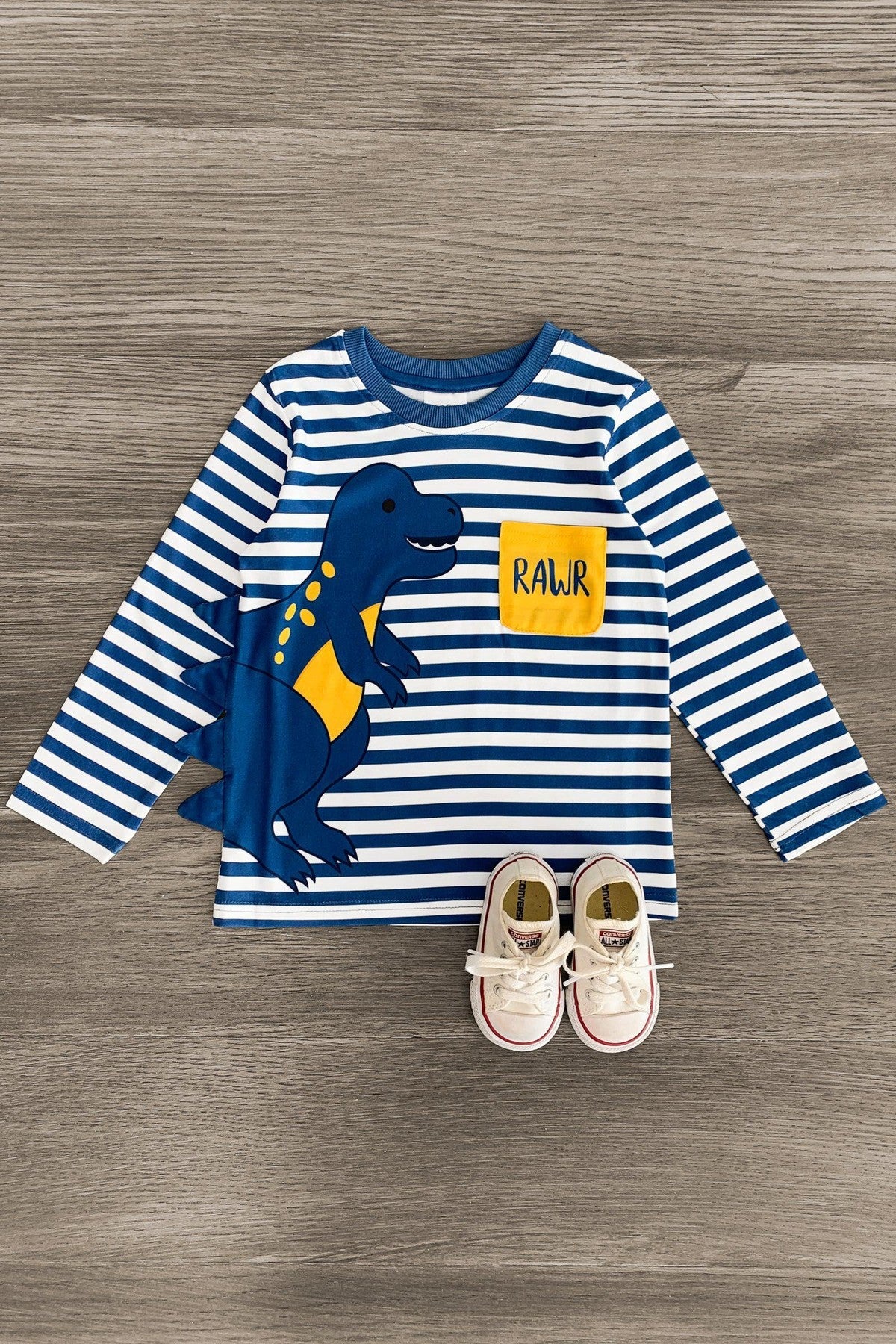 "Rawr" Blue Striped Dinosaur Top - Sparkle in Pink