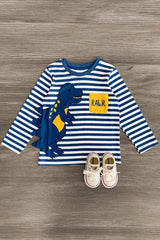 "Rawr" Blue Striped Dinosaur Top - Sparkle in Pink