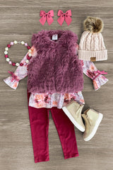 Plum Floral Fur Vest Set - 3 Piece - Sparkle in Pink
