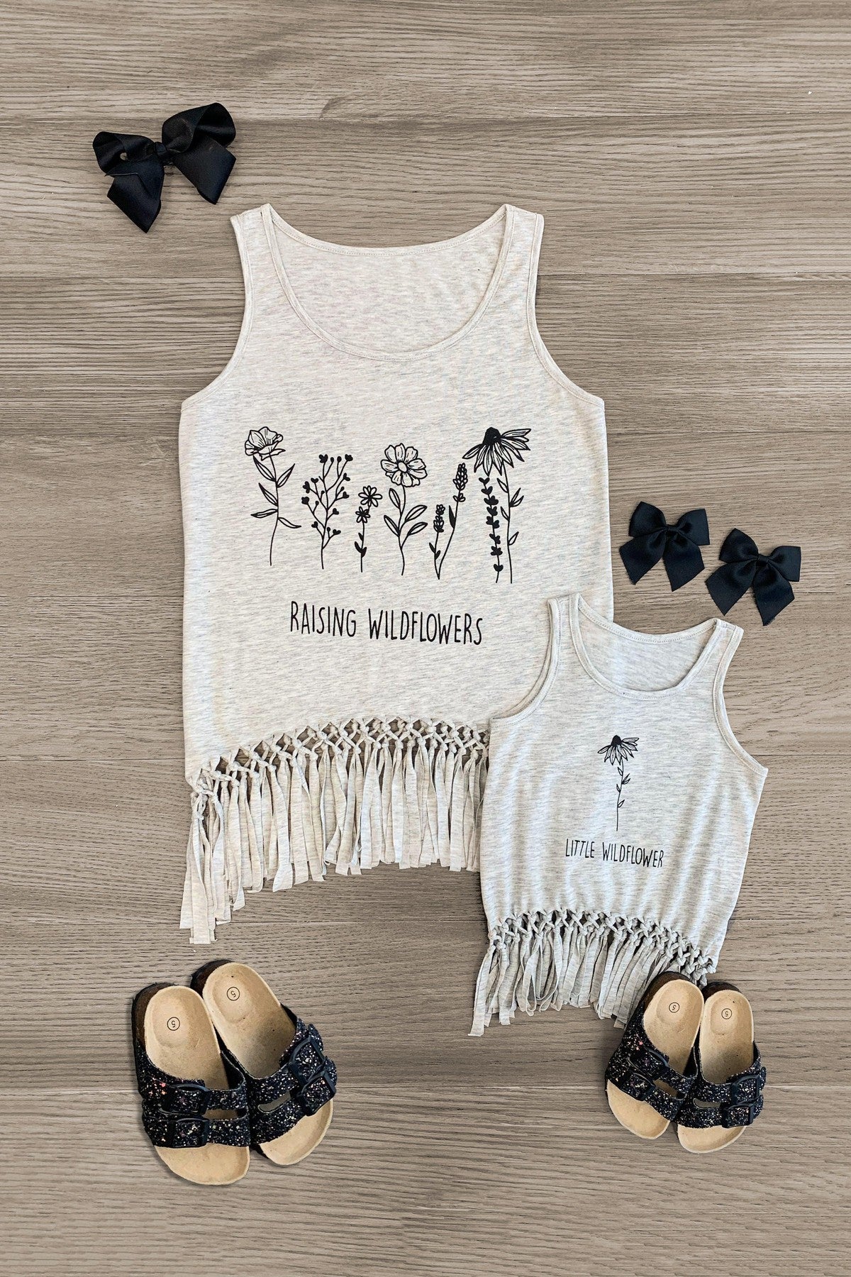 Mom & Me - "Wildflower" Gray Fringe Top - Sparkle in Pink