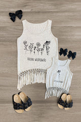 Mom & Me - "Wildflower" Gray Fringe Top - Sparkle in Pink