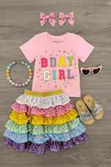 "Bday Girl" Rainbow Ruffle Sequin Skirt Set