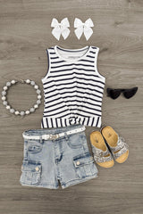 Striped Tank Light Denim Short Set
