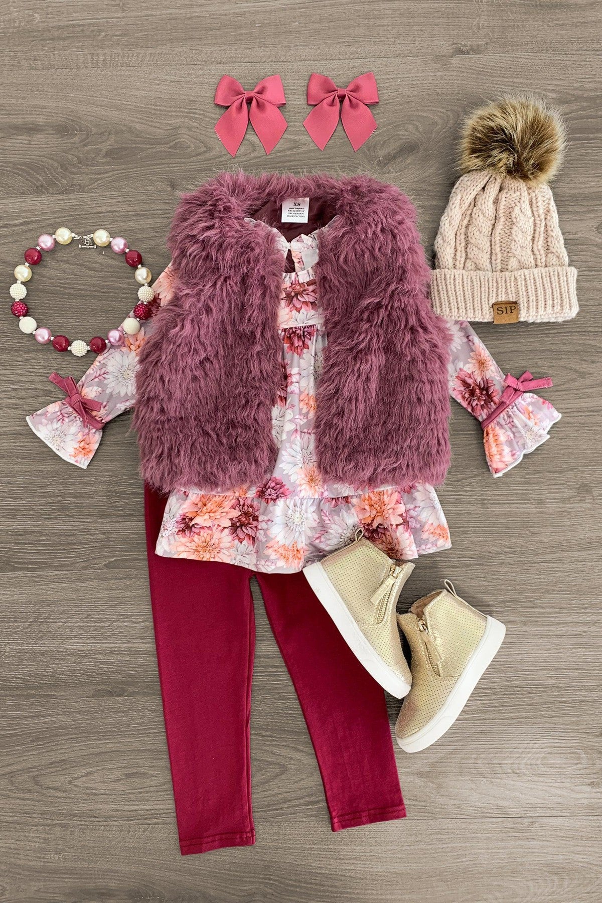 Plum Floral Fur Vest Set - 3 Piece - Sparkle in Pink