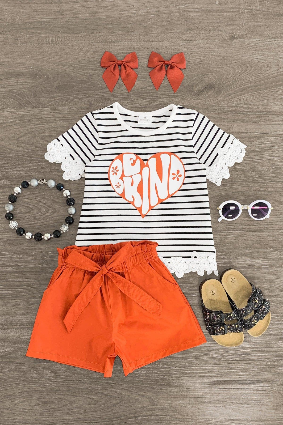 "Be Kind" Orange Striped Short Set - Sparkle in Pink