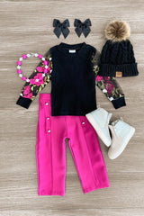 Floral Sleeve Purple Pant Set - Sparkle in Pink