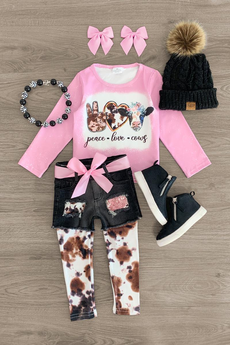 "Peace Love Cows" Denim Short & Legging Set - Sparkle in Pink